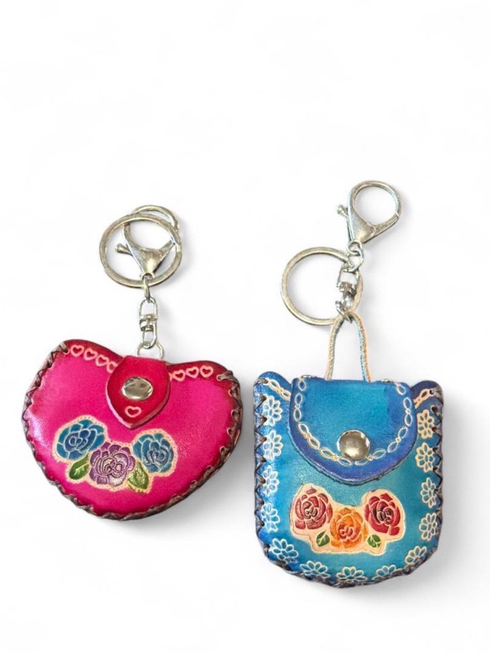 Hand-Made Leather Keychain Set - Pink & Blue